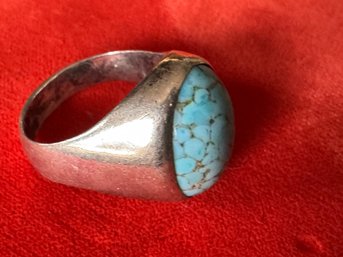 Cabochon Style Artisan Turquoise And Silver Ring About Size 9