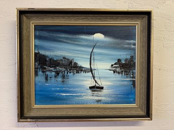 Mid Century Ships In The Night Original Painting Signed