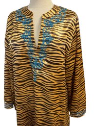 IMAN Global Chic Kaftan Tiger Print W/ Teal Embroidery Maxi Dress Size LARGE