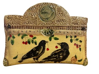 Ceramic Wall Pocket Crow & Cherry Motif 8.5 X 12 Inches