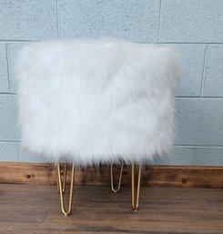 White Furry Footstool On Gold Hairpin Legs