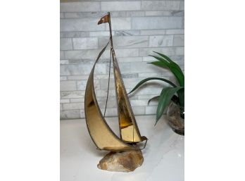 Mid Century Modern Brutalist Torched Brass Sailboat On Alabaster/stone Base