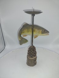 Vintage Wooden Trout And Metal Candle Holder