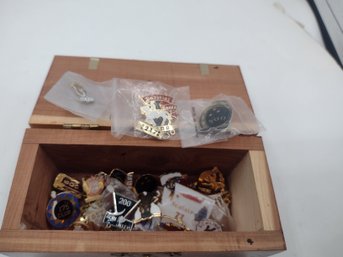 Wood Chest Full Of Vintage Bowling Award Pins