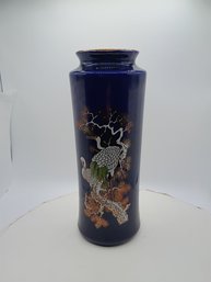 Vintage Japanese Crane Porcelain 11' Cobalt Blue Vase