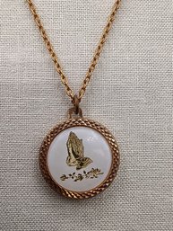 Vintage Gold Tone Pendant Necklace Featuring Praying Hands