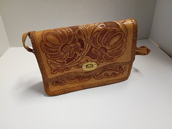 Vintage Mid Century Tooled Leather Shoulder Bag