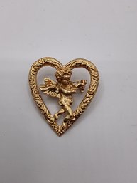 Vintage Gold-tone Open Heart Cherub Brooch