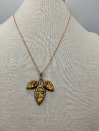 Vintage Leaf Pendant Necklace Featuring Abalone Shell Inlays