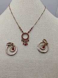 Red Double Circle Earrings & Necklace Set