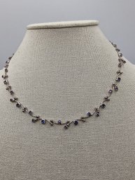 Vintage Silver Tone With Blue & Clear Rhinestone Necklace