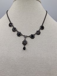 Vintage Gunmetal Filigree Collar Necklace Featuring Black Rhinestones