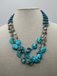 Vintage Necklace Abalone Turquoise Colored Bead Double Strand