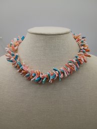 Navajo Pink Coral Shell And Turquoise Necklace
