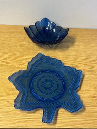 2 Blue Glass Leaf Plates