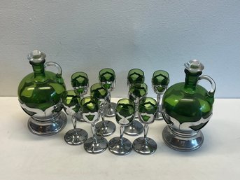 Set Of Vintage Farber Bros Krome Kraft Green Wine Glasses W/ Wine Pitchers And Tray