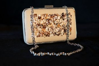 Sondra Roberts Beige Linen Clutch With Oyster Shell Fragment Adornments