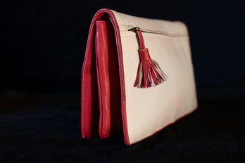 Bottega Veneta Italian Cream And Red Leather Clutch With Leather Tassel Zipper