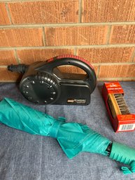 Umbrella, Shine Brush And Coleman Rechargeable Quick Pump