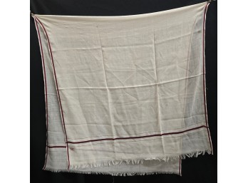 Cotton Shawl In Indian Style - White With Maroon Border Stripes