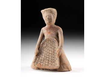 Tang-Style Terracotta Figure Of Seated Woman With Winnowing Basket