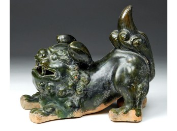Chinese-Style Green-Glazed Ceramic Fu Dog Roof Figure