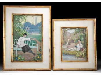 Signed Watercolor Paintings, Pair - Ladies In Garden Settings