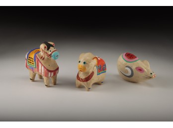 Japanese-Style Papier Mache Zodiac Figures - Horse, Ram, Rat Set