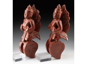 Burmese-Style Wooden Kinnara Loom Pulleys - Painted Pair