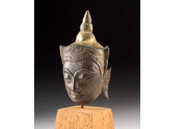 Thai-Style Gilt Bronze Buddha Head Miniature - Crowned Figure On Stand