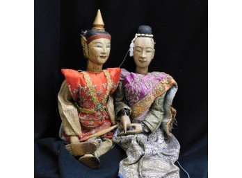 Burmese-Style Wooden Marionette Pair - Royal King And Queen Figures