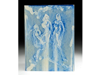 Mixed Media Board Painting - Three Figures In White On Blue