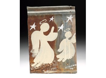 Folk-Style Painted Tin Panel - Two Angels With Stars