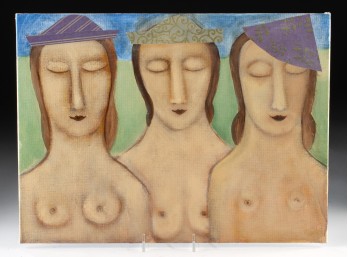 Folk-Style Mixed Media Painting - 'The Three Eve's', Signed On Verso
