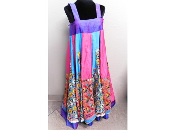 South Asian-Style Rajastani Silk Mirror Work Embroidered Sleeveless Dress, Pink, Blue, And Purple