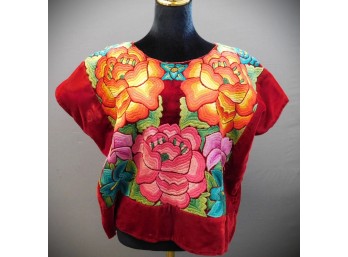 Red Velvet Pullover With Large Floral Satin Stitch Embroidery In Orange, Pink, And Teal