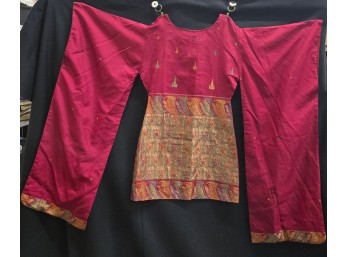 Red Silk Kimono Sleeve Tunic Size Medium, Embroidered Leaves & Floral