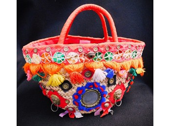 Woven Straw Tote Bag With Yarn Tassels, Mirror Medallion, And Lion Head Plaques