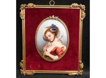 Hand Painted Porcelain Portrait Plaque, Young Woman In Straw Hat, Gilt Frame