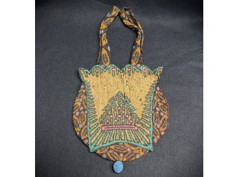 Early 20th C. Seed Beaded Purse With Geometric Crown Motif And Blue Bead Drop