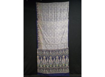 Silk Sari, Printed Blue, White, & Vibrant Paisley Print