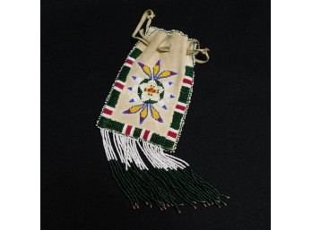 Plains Style Beaded Hide Pouch With Star Medallion And Beaded Fringe