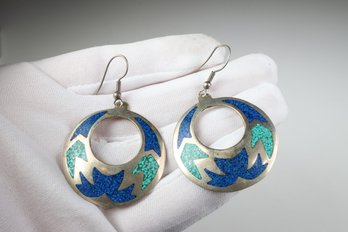 Alpaca Silver Crushed Turquoise Lapis Lazuli Lookalike Dangle Earrings