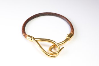 Hermes Jumbo Hook Bracelet Brown Leather Gold Plated Hardware Signed