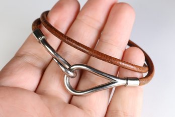 HERMES Jumbo Hook Double Tour Bracelet Palladium Hardware & Brown Leather Authentic