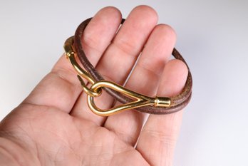 HERMES Jumbo Hook Double Tour Bracelet Gold Hardware & Brown Leather Authentic