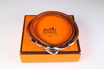 HERMES Jumbo Hook Double Tour Bracelet PalladiumHardware & Brown Leather Authentic Comes With Box