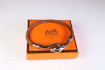 HERMES Jumbo Hook  Tour Bracelet Palladium Hardware & Brown Leather Comes With Box
