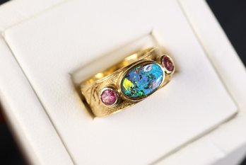 18k Yellow Gold, Natural Australian Boulder Opal & Pink Tourmaline Ring, 7.55 Grams Gemstone Jewelry