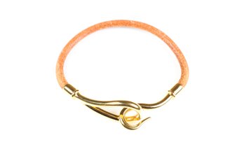 HERMES Jumbo Hook  Bracelet Gold Hardware & Brown Leather Authentic